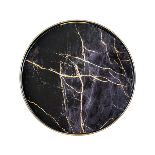 MARMUR Elegancka Dekoracyjna okrągła TACA z uchwytami - CZARNA 37 x 4 cm