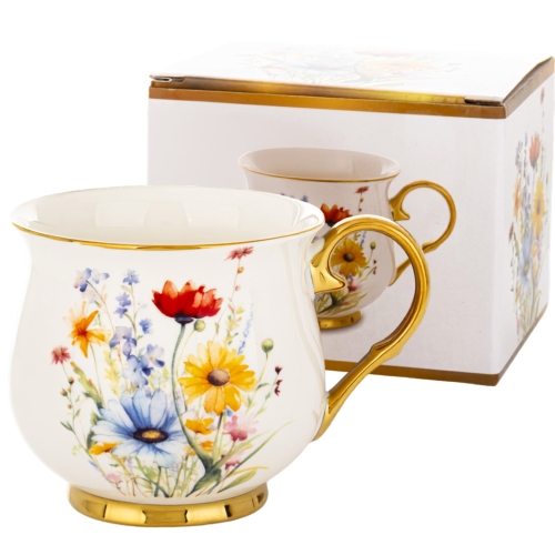 DUŻY Porcelanowy Kubek Filiżanka do KAWY HERBATY 430 ml, 10 x 9 cm - KWIATY