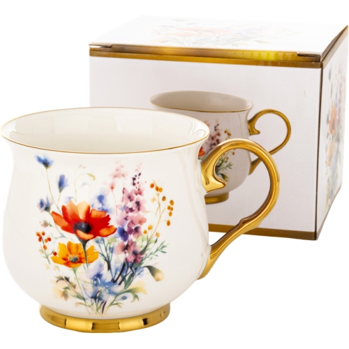 DUŻY Porcelanowy Kubek Filiżanka do KAWY HERBATY 430 ml, 10 x 9 cm - KWIATY