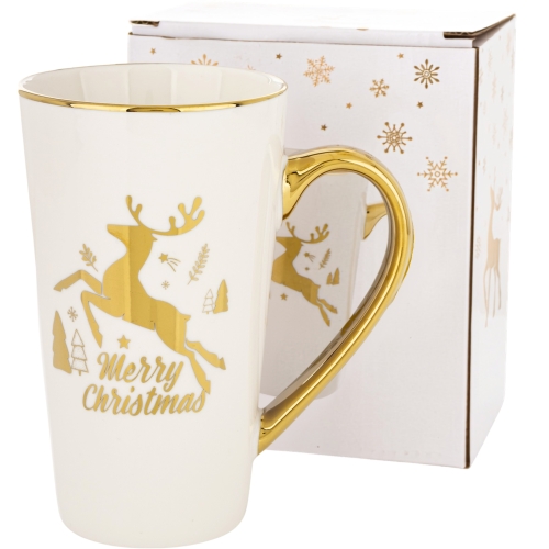 ŚWIĄTECZNY Porcelanowy Kubek do KAWY HERBATY KAKAO 450 ml - ZŁOTY RENIFER