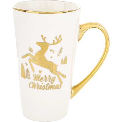 ŚWIĄTECZNY Porcelanowy Kubek do KAWY HERBATY KAKAO 450 ml - ZŁOTY RENIFER
