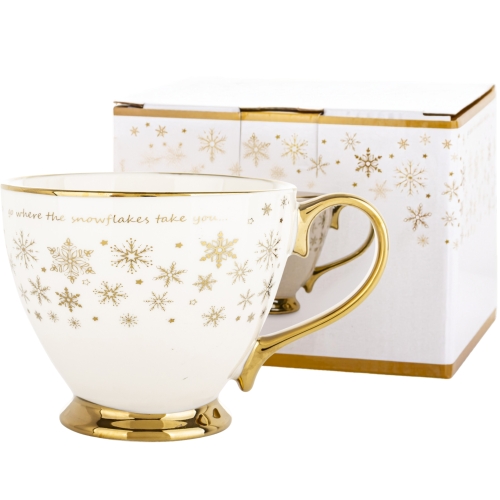 ŚWIĄTECZNY Porcelanowy Kubek do KAWY HERBATY KAKAO 380 ml - ZŁOTE ŚNIEŻYNKI