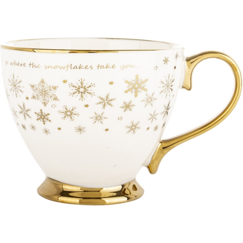 ŚWIĄTECZNY Porcelanowy Kubek do KAWY HERBATY KAKAO 380 ml - ZŁOTE ŚNIEŻYNKI