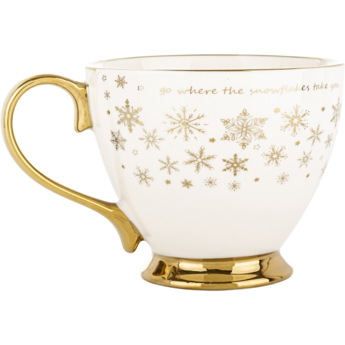 ŚWIĄTECZNY Porcelanowy Kubek do KAWY HERBATY KAKAO 380 ml - ZŁOTE ŚNIEŻYNKI