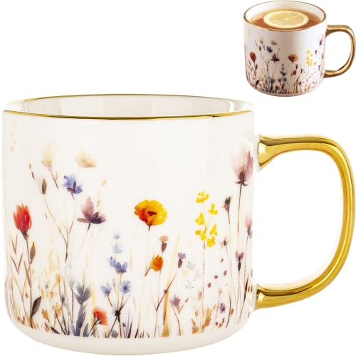 DUŻY Porcelanowy Kubek Filiżanka do KAWY HERBATY 450 ml 9 x 9,5 cm - KWIATY