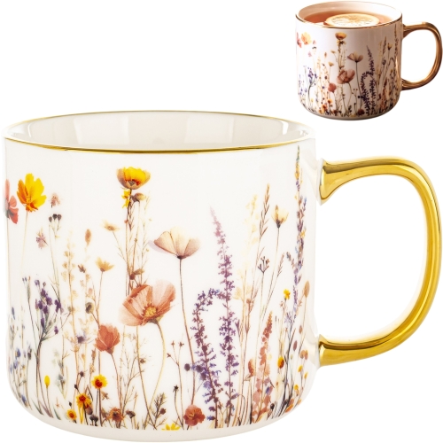 DUŻY Porcelanowy Kubek Filiżanka do KAWY HERBATY 450 ml 9 x 9,5 cm - KWIATY
