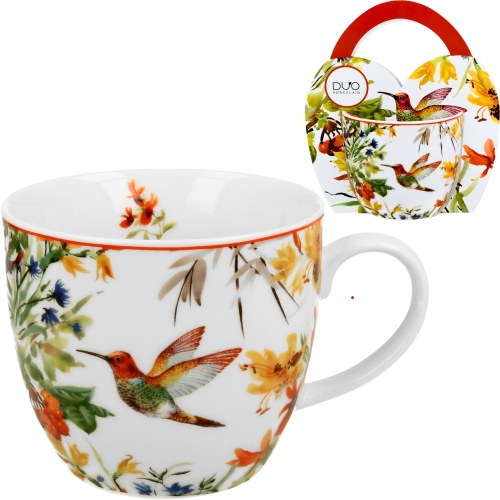 PORCELANOWY Kubek 460 ml w koszyczku do KAWY HERBATY Flower Classic LINNEA