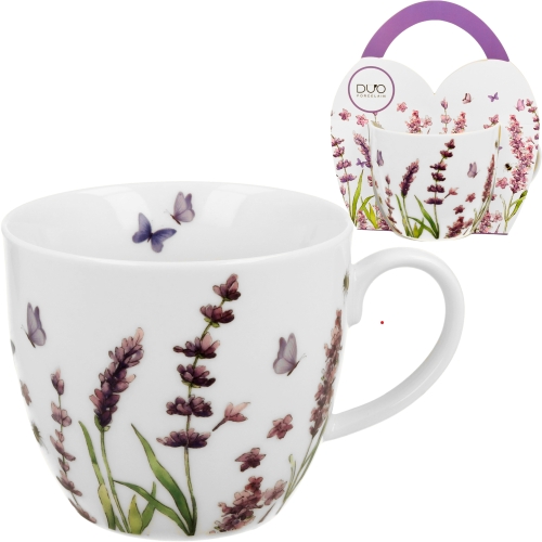 PORCELANOWY Kubek 460 ml w koszyczku do KAWY HERBATY Flower Classic LAWENDA
