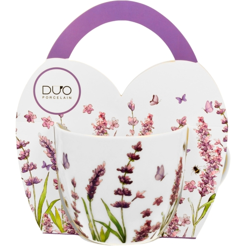 PORCELANOWY Kubek 460 ml w koszyczku do KAWY HERBATY Flower Classic LAWENDA