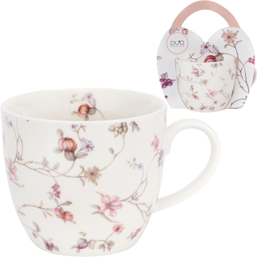 PORCELANOWY Kubek 460 ml w "koszyczku" do KAWY HERBATY Flower Classic SAFA