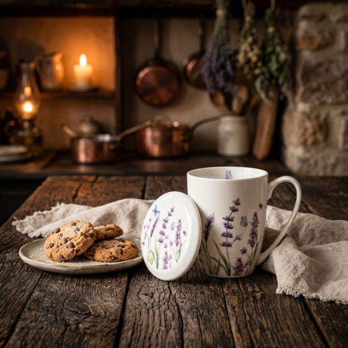 PORCELANOWY Kubek 360 ml z Zaparzaczem do HERBATY ZIÓŁ - LAWENDA LAVENDER