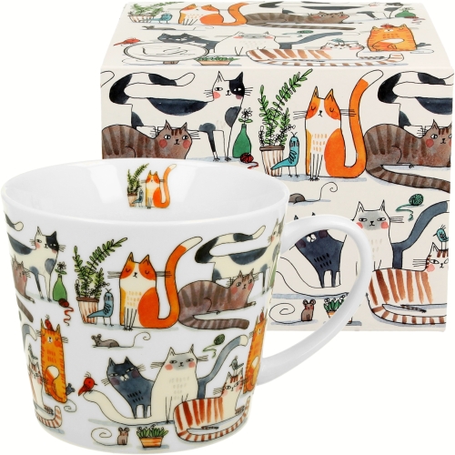 Duży PORCELANOWY Kubek XL 600 ml na KAWĘ HERBATĘ - Koci Świat LENIWE KOTY