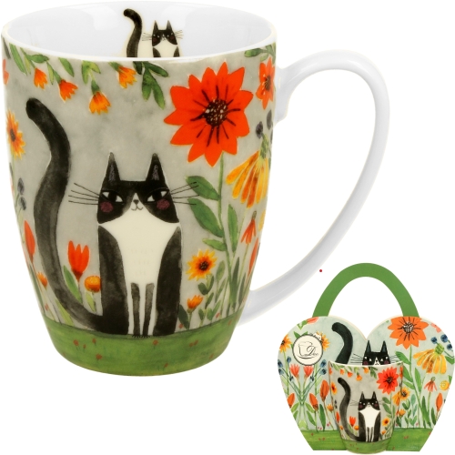 PORCELANOWY Kubek 360 ml w "koszyczku" do KAWY HERBATY - Koci Świat ŁĄKA