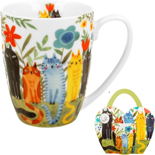 PORCELANA Kubek 360 ml w koszyczku do KAWY HERBATY Koci Świat KOTY OGRODOWE