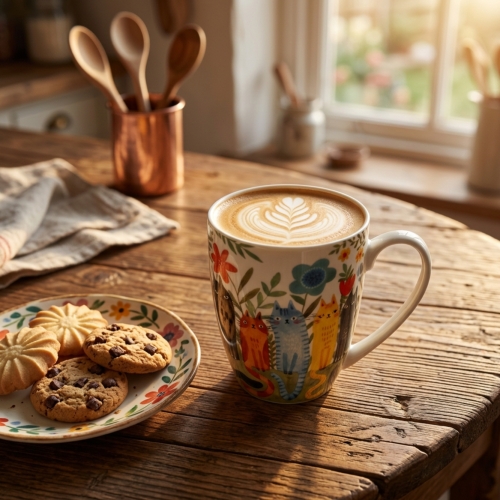PORCELANA Kubek 360 ml w koszyczku do KAWY HERBATY Koci Świat KOTY OGRODOWE