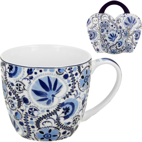 PORCELANOWY Kubek 460 ml w "koszyczku" do KAWY HERBATY - Ethnic NARESH BLUE
