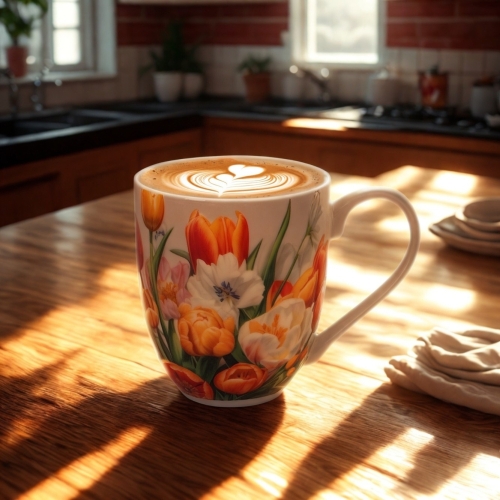 Duży PORCELANOWY Kubek XXL 1000ml do KAWY HERBATY - Flower Classic TULIPANY