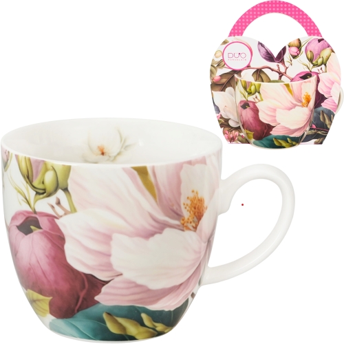 PORCELANOWY Kubek 460ml w koszyczku do KAWY HERBATY Flower Classic MAGNOLIE