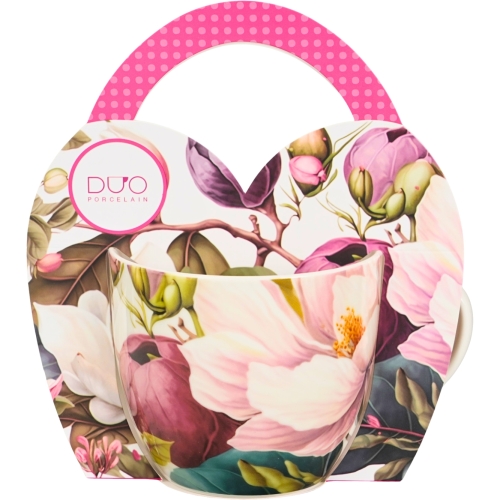 PORCELANOWY Kubek 460ml w koszyczku do KAWY HERBATY Flower Classic MAGNOLIE
