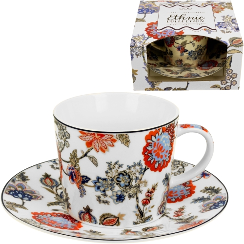 PORCELANOWA Filiżanka ze spodkiem 240 ml do KAWY HERBATY Ethnic SAHAT WHITE
