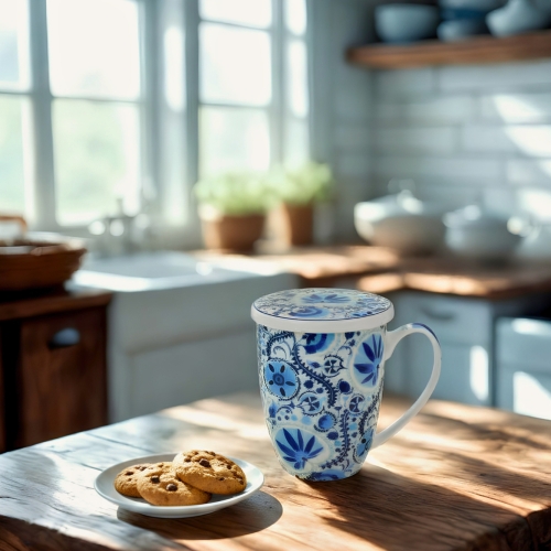 Kubek 360 ml z zaparzaczem i pokrywką do HERBATY ZIÓŁ - Ethnic NARESH BLUE