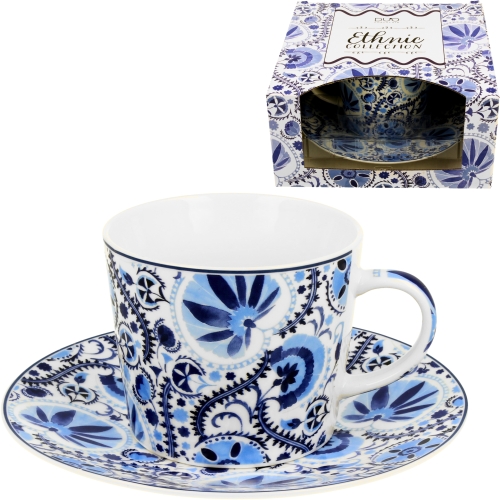 PORCELANOWA Filiżanka ze spodkiem 240 ml do KAWY HERBATY Ethnic NARESH BLUE