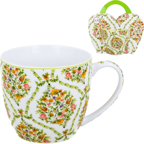 PORCELANOWY Kubek 460 ml w "koszyczku" do KAWY HERBATY - Ethnic FIORI