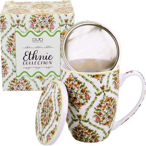 Kubek 360 ml z zaparzaczem i pokrywką do HERBATY ZIÓŁ - Ethnic FIORI