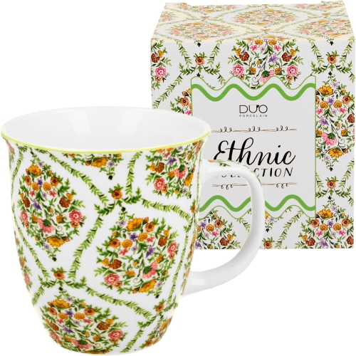 Duży PORCELANOWY Kubek 650 ml do KAWY HERBATY - Ethnic FIORI