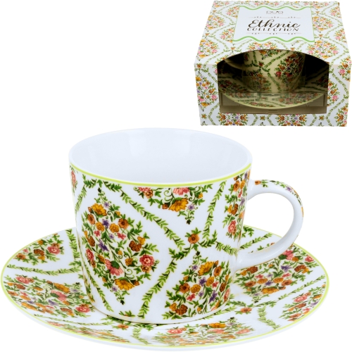PORCELANOWA Filiżanka ze spodkiem 240 ml do KAWY HERBATY - Ethnic FIORI
