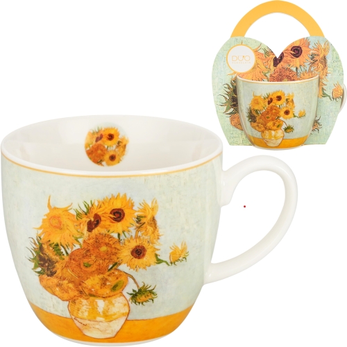 PORCELANOWY Kubek 460 ml w koszyczku do KAWY HERBATY - SUNFLOWERS Van Gogh