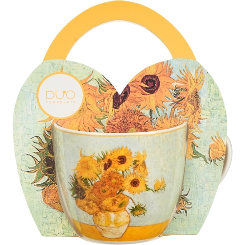 PORCELANOWY Kubek 460 ml w koszyczku do KAWY HERBATY - SUNFLOWERS Van Gogh
