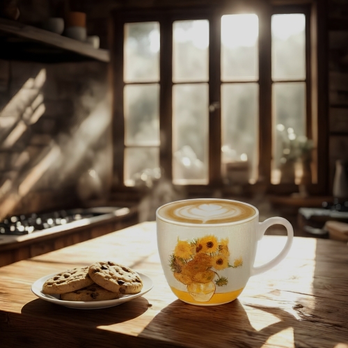 PORCELANOWY Kubek 460 ml w koszyczku do KAWY HERBATY - SUNFLOWERS Van Gogh