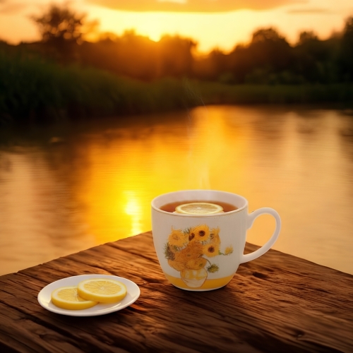 PORCELANOWY Kubek 460 ml w koszyczku do KAWY HERBATY - SUNFLOWERS Van Gogh