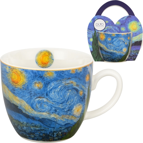 PORCELANOWY Kubek 460 ml w koszyczku do KAWY HERBATY Van Gogh STARRY NIGHT