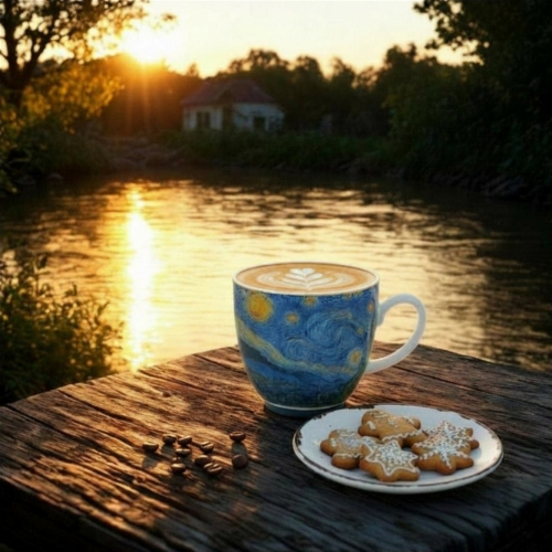 PORCELANOWY Kubek 460 ml w koszyczku do KAWY HERBATY Van Gogh STARRY NIGHT