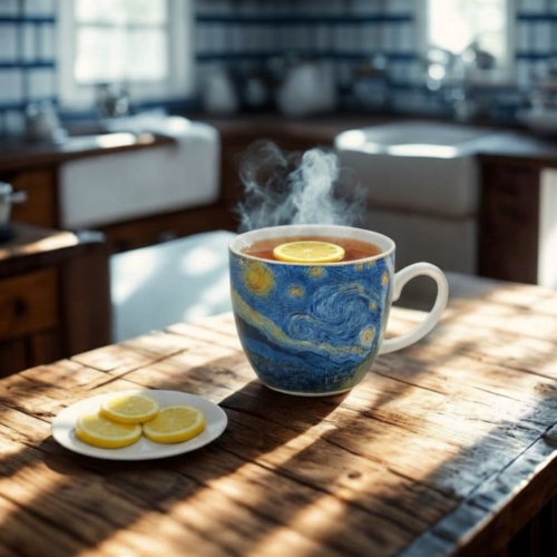 PORCELANOWY Kubek 460 ml w koszyczku do KAWY HERBATY Van Gogh STARRY NIGHT
