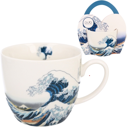 PORCELANOWY Kubek 460 ml w koszyczku do KAWY HERBATY Hokusai THE GREAT WAVE
