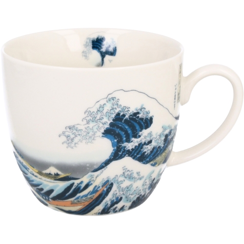 PORCELANOWY Kubek 460 ml w koszyczku do KAWY HERBATY Hokusai THE GREAT WAVE