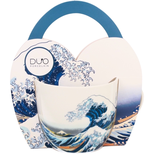 PORCELANOWY Kubek 460 ml w koszyczku do KAWY HERBATY Hokusai THE GREAT WAVE