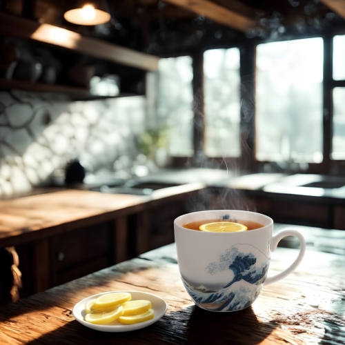 PORCELANOWY Kubek 460 ml w koszyczku do KAWY HERBATY Hokusai THE GREAT WAVE
