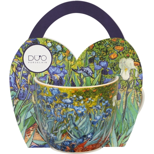PORCELANOWY Kubek 460 ml w koszyczku do KAWY HERBATY - IRISES by Van Gogh