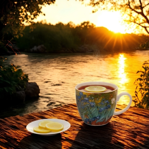 PORCELANOWY Kubek 460 ml w koszyczku do KAWY HERBATY - IRISES by Van Gogh