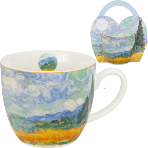 PORCELANOWY Kubek 460 ml w koszyczku do KAWY HERBATY - WHEAT FIELD Van Gogh