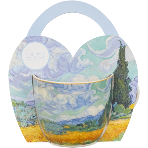 PORCELANOWY Kubek 460 ml w koszyczku do KAWY HERBATY - WHEAT FIELD Van Gogh