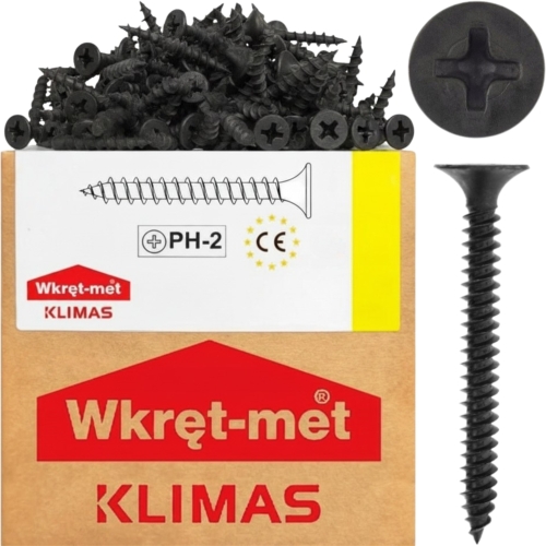 KLIMAS Wkręty do metalu PŁYT G-K 3,5x45 mm CZARNE FOSFATOWANE PH2 - 500 szt