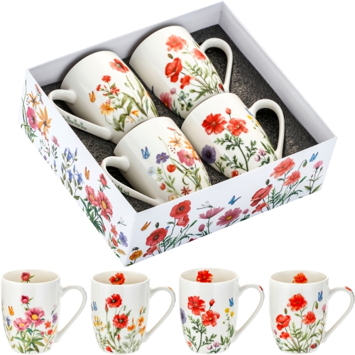 CZTERY stylowe Porcelanowe kubki 360 ml do KAWY HERBATY KAKAO - Flowers