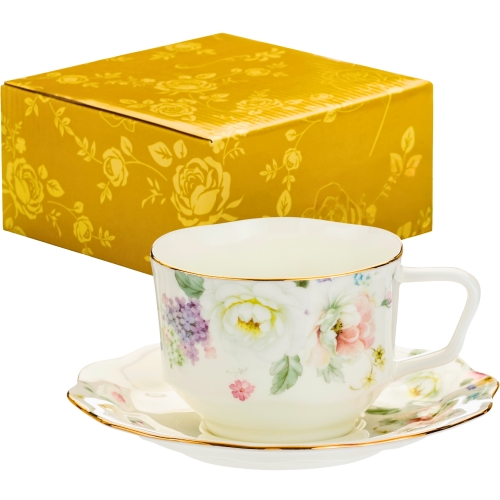 PORCELANOWA Filiżanka 250 ml ze spodeczkiem do KAWY HERBATY - KWIATY