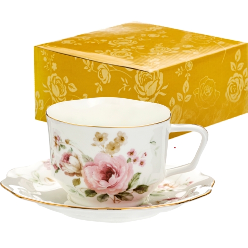PORCELANOWA Filiżanka 250 ml ze spodeczkiem do KAWY HERBATY - KWIATY