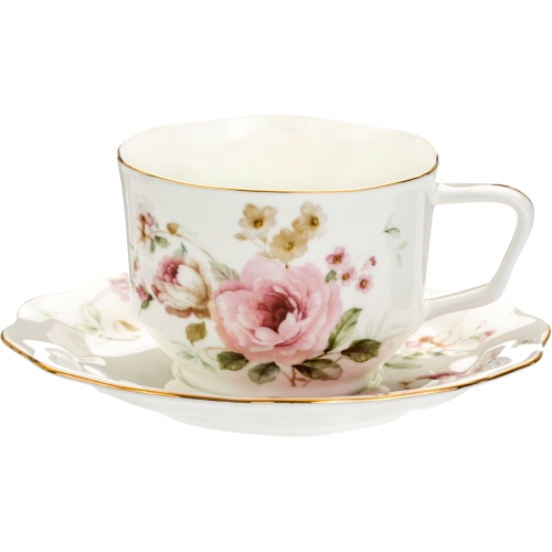 PORCELANOWA Filiżanka 250 ml ze spodeczkiem do KAWY HERBATY - KWIATY
